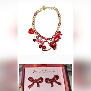 Betsey Johnson Red and Gold Heart Charm Necklace with Bow Earrings